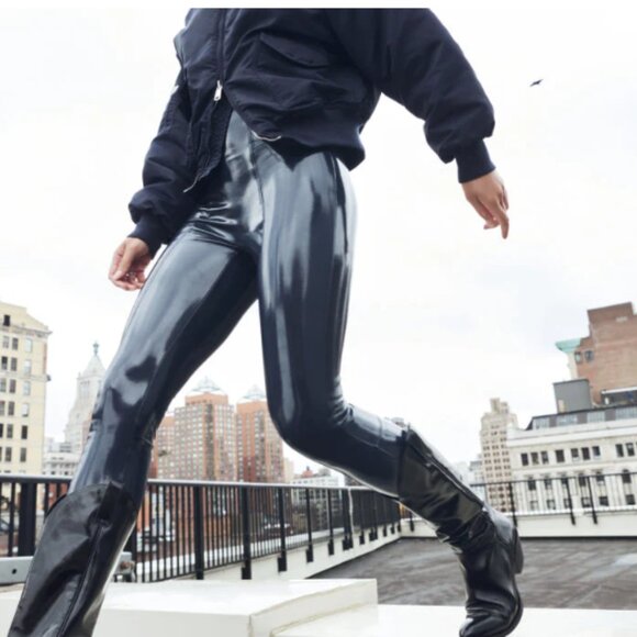 Spanx - Faux Patent Leather High Waisted Shapewear Causal Leggings- Navy - Picture 1 of 10
